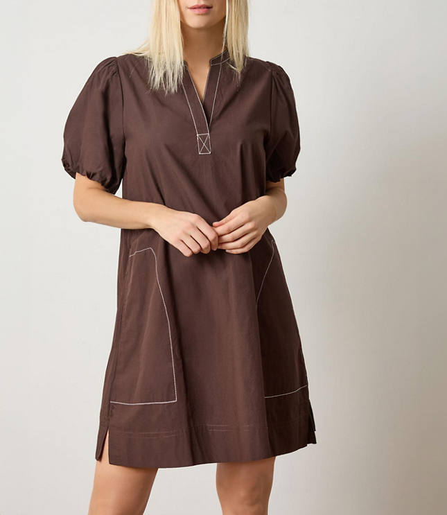 Lilla P Shirred Sleeve Split Neck Dress