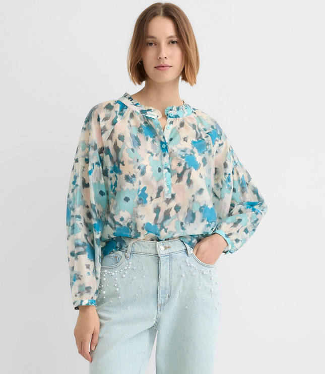 Petite Floral Draped Sleeve Henley Blouse