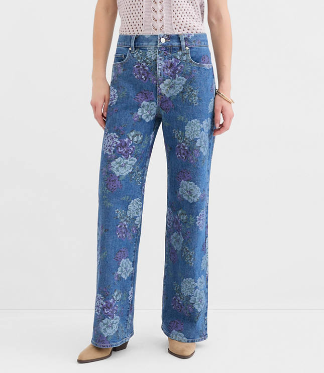Curvy High Rise Wide Leg Jeans in Floral