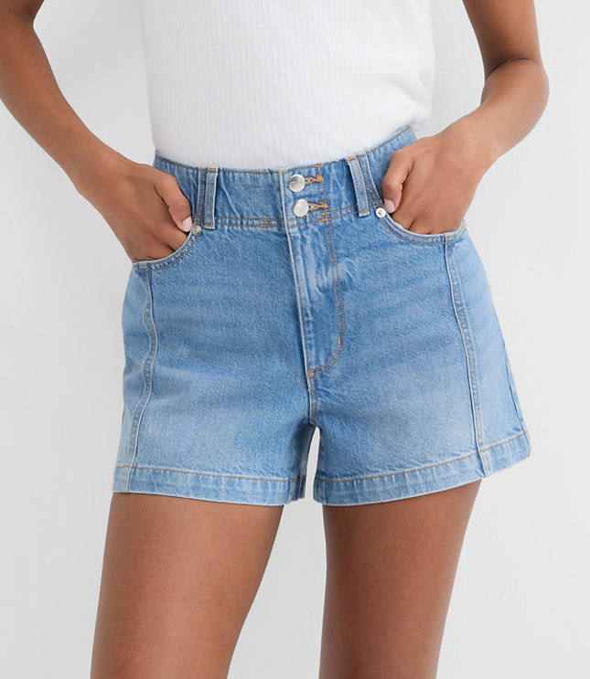 Rivete Curvy Seamed High Rise Denim Shorts in Mid Wash