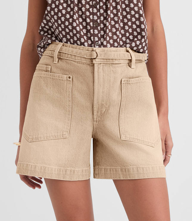 Curvy Belted Denim Utility Shorts in Washed Neutral