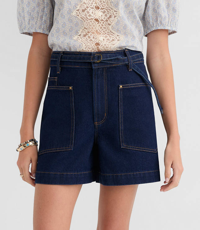 Petite Curvy Belted Denim Utility Shorts in Classic Rinse Wash