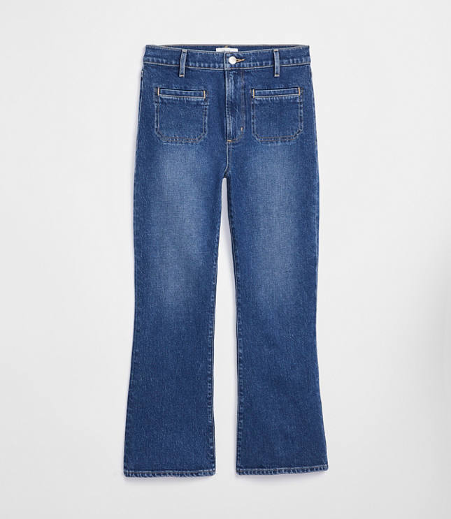 Rivete Petite Curvy Welt Pocket High Rise Kick Crop Jeans in Mid Wash