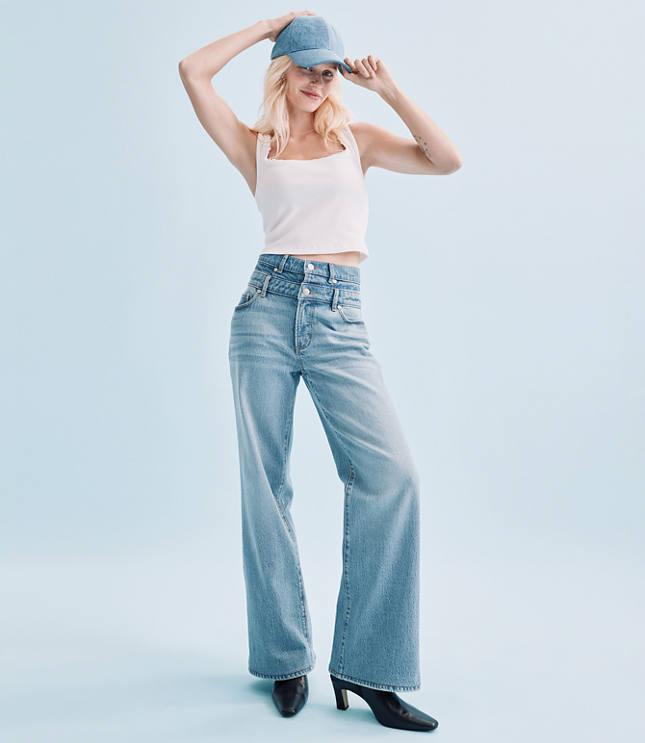Rivete Double Waisted High Rise Wide Leg Jeans in Light Wash