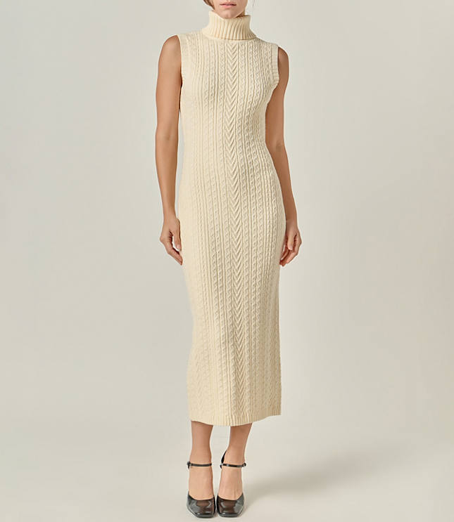 English Factory Cable Knit Mock Neck Midi Dress
