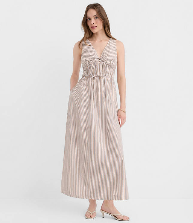 Striped Bow Poplin Midi Pocket Dress