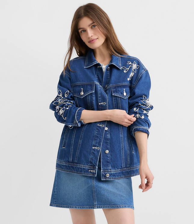 Floral Embroidered Oversized Denim Trucker Jacket in Bright Indigo Wash