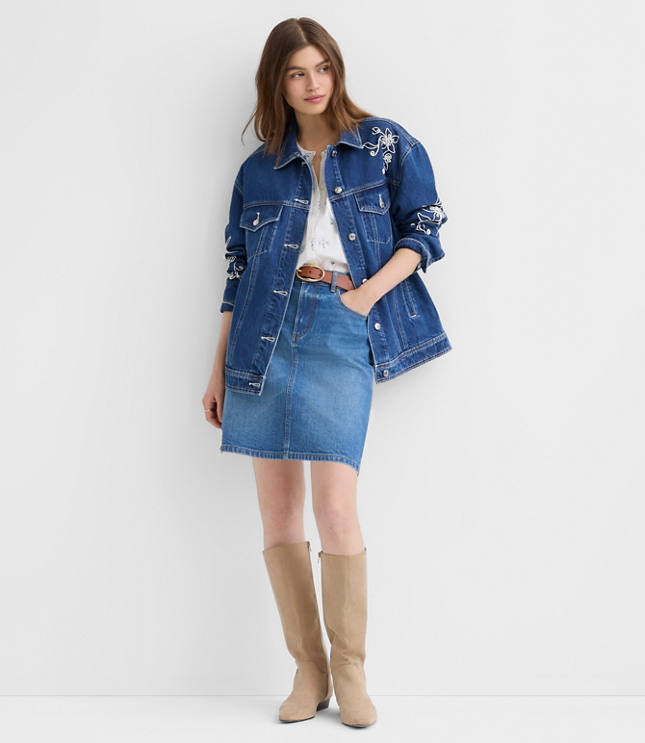 Floral Embroidered Oversized Denim Trucker Jacket in Bright Indigo Wash