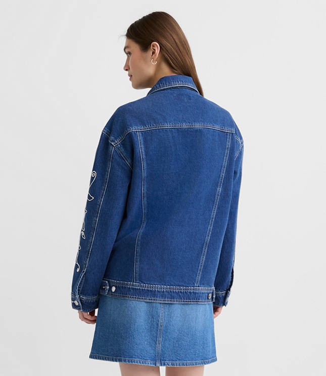 Floral Embroidered Oversized Denim Trucker Jacket in Bright Indigo Wash