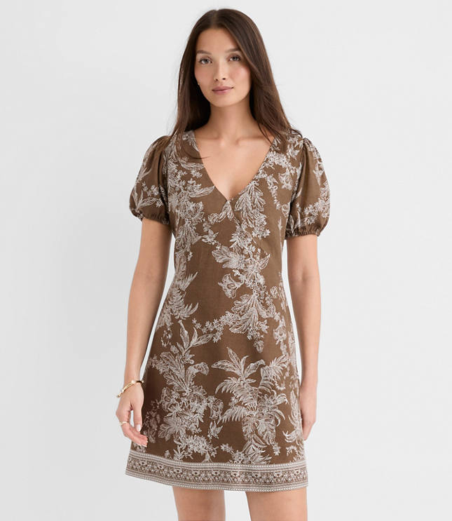 Floral Toile Linen Blend Puff Sleeve Mini Dress