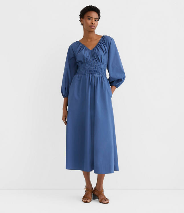 Poplin Smocked Midi Pocket Dress
