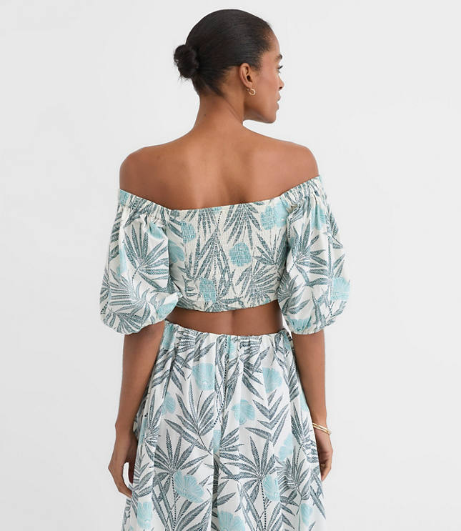 Petite LOFT Beach Palm Poplin Puff Sleeve Crop Top
