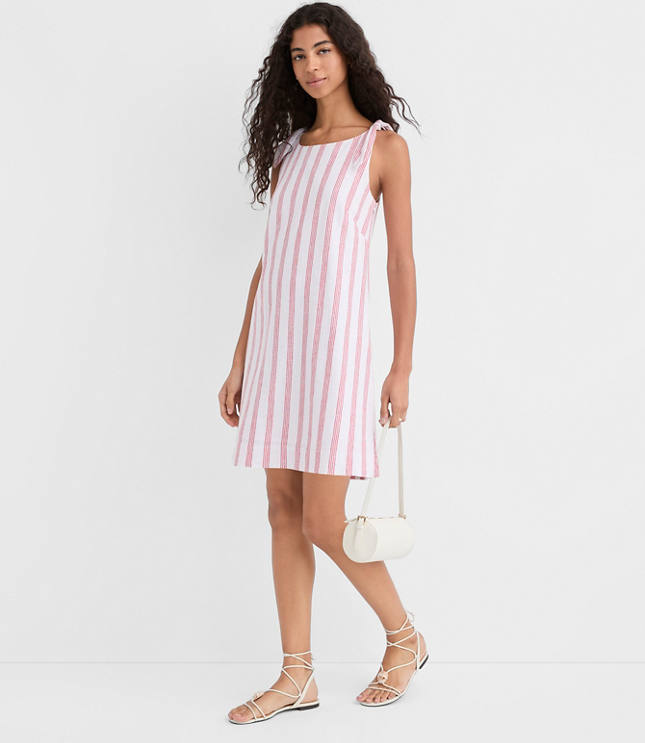 Striped Linen Cotton Tie Boatneck Mini Dress