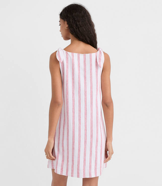 Striped Linen Cotton Tie Boatneck Mini Dress