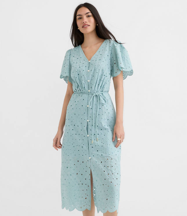 Tall Scalloped Eyelet Midi Pocket Shirtdress