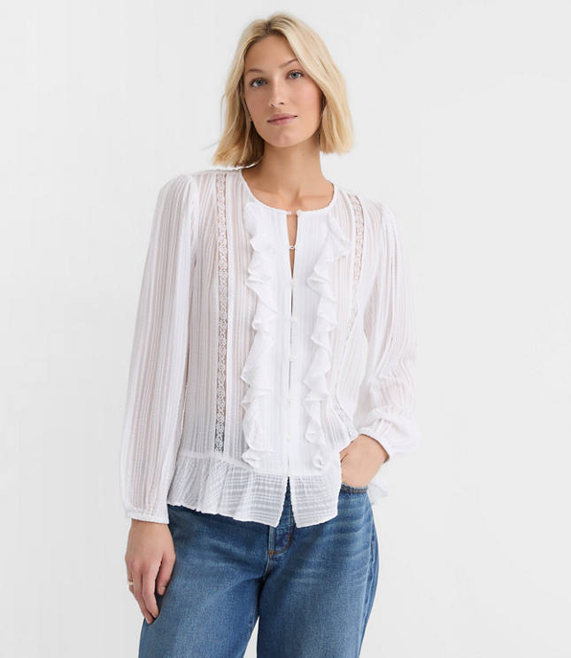 Petite Floral Lace Trim Ruffle Blouse