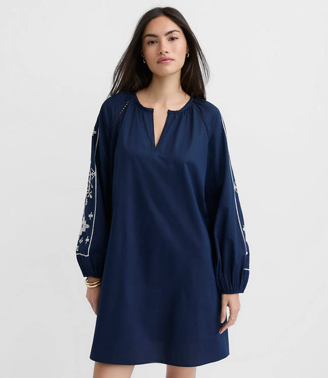 Petite Floral Embroidered Split Neck Mini Pocket Dress