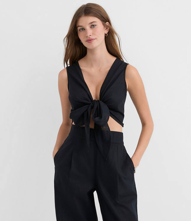 Petite LOFT Beach Linen Cotton Tie Front Top