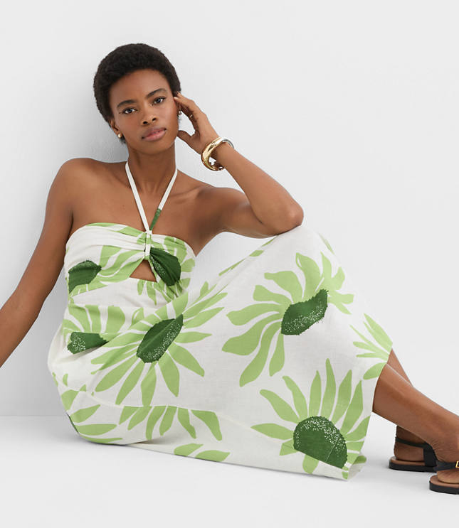 Petite LOFT Beach Floral Linen Cotton Halter Maxi Pocket Dress