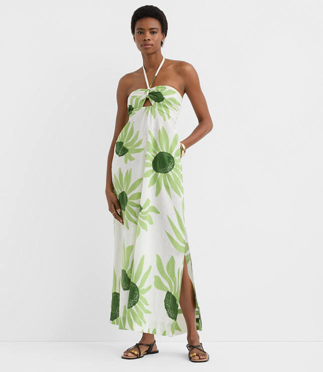 Petite LOFT Beach Floral Linen Cotton Halter Maxi Pocket Dress