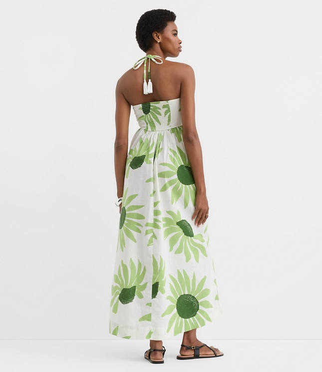 Petite LOFT Beach Floral Linen Cotton Halter Maxi Pocket Dress