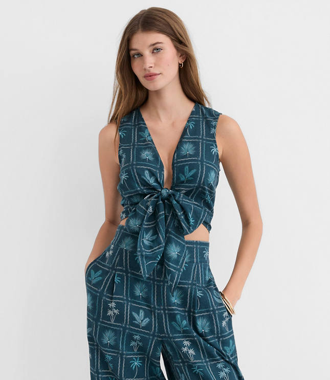 Petite LOFT Beach Palm Linen Cotton Tie Front Top