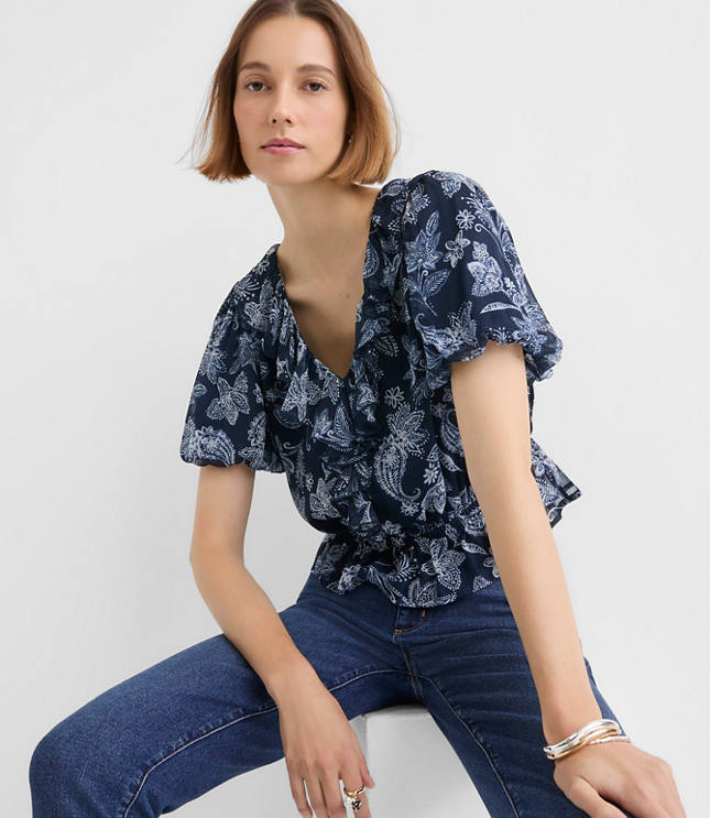 Petite Paisley Ruffle V-Neck Blouse