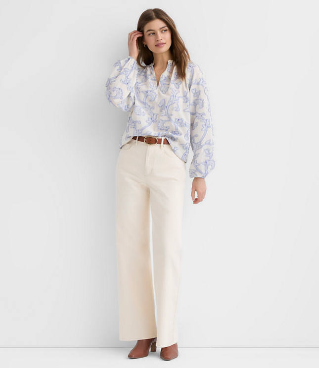 Petite Paisley Jacquard Split Neck Blouse