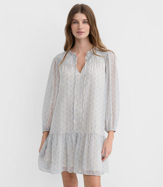 Petite Paisley Smocked Tie Neck Mini Dress