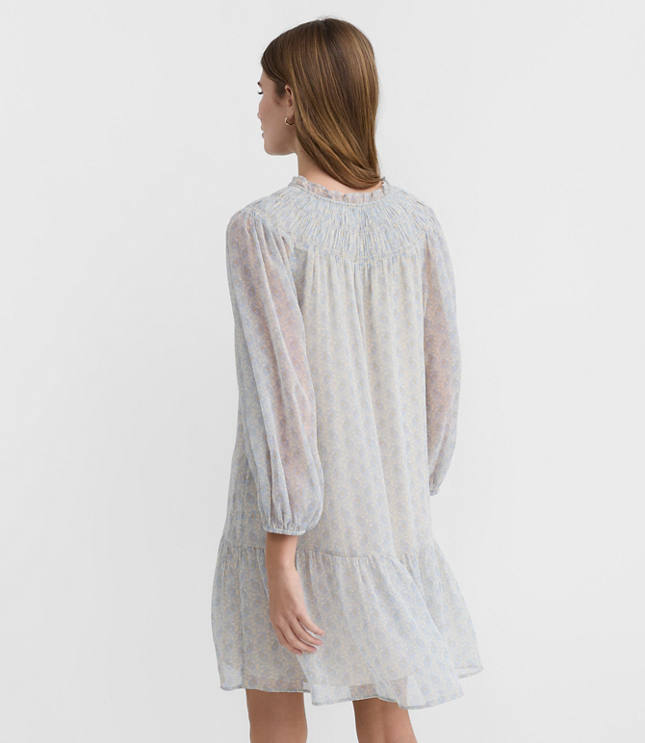 Petite Paisley Smocked Tie Neck Mini Dress