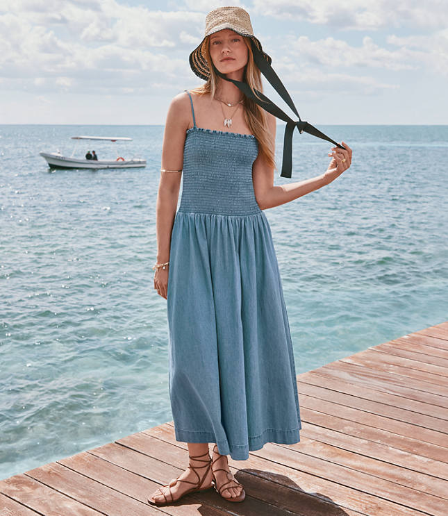 Chambray Smocked Strappy Midi Pocket Dress carousel Product Image 1