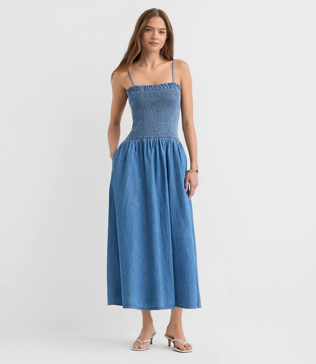 Chambray Smocked Strappy Midi Pocket Dress carousel Product Image 3