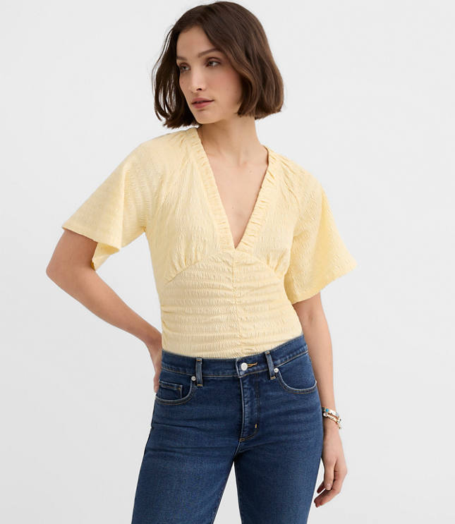 Petite Smocked Flutter V-Neck Top