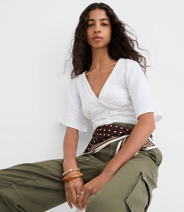 Petite Smocked Flutter V-Neck Top