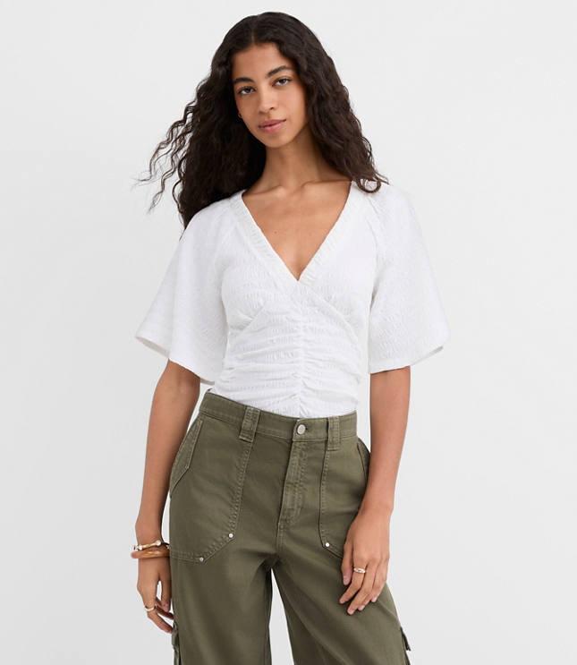 Petite Smocked Flutter V-Neck Top