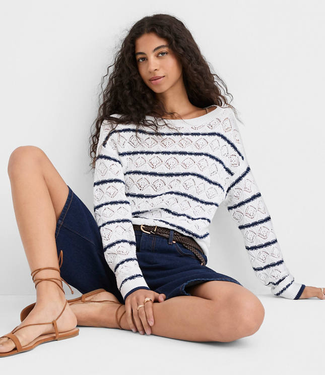Striped Pointelle Boatneck Sweater