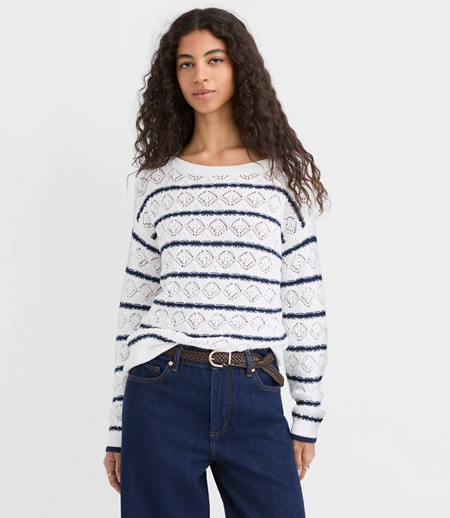 Striped Pointelle Boatneck Sweater