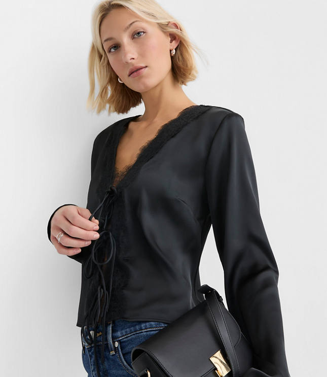 Petite Lace Trim Satin Bow Blouse