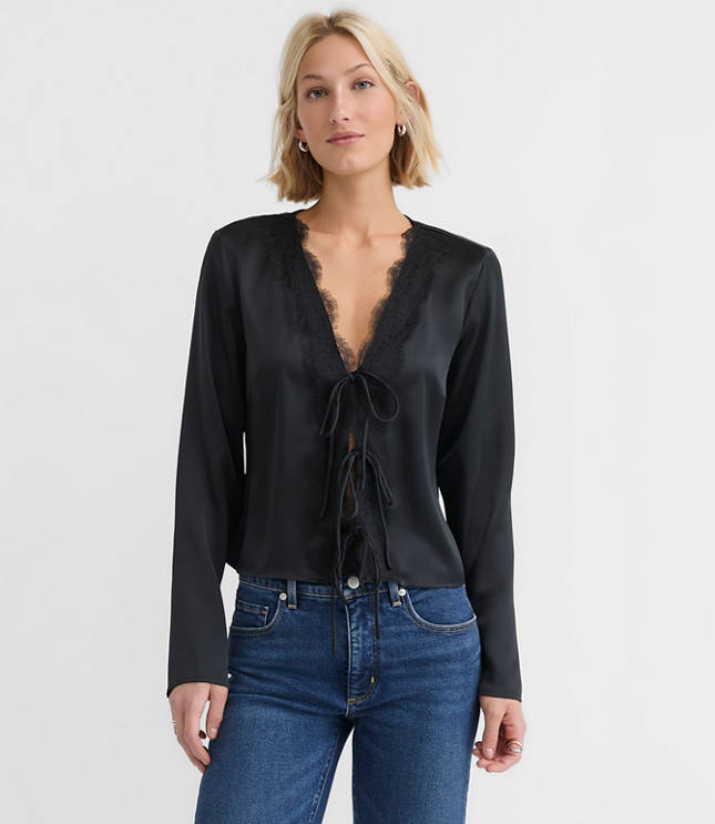 Petite Lace Trim Satin Bow Blouse