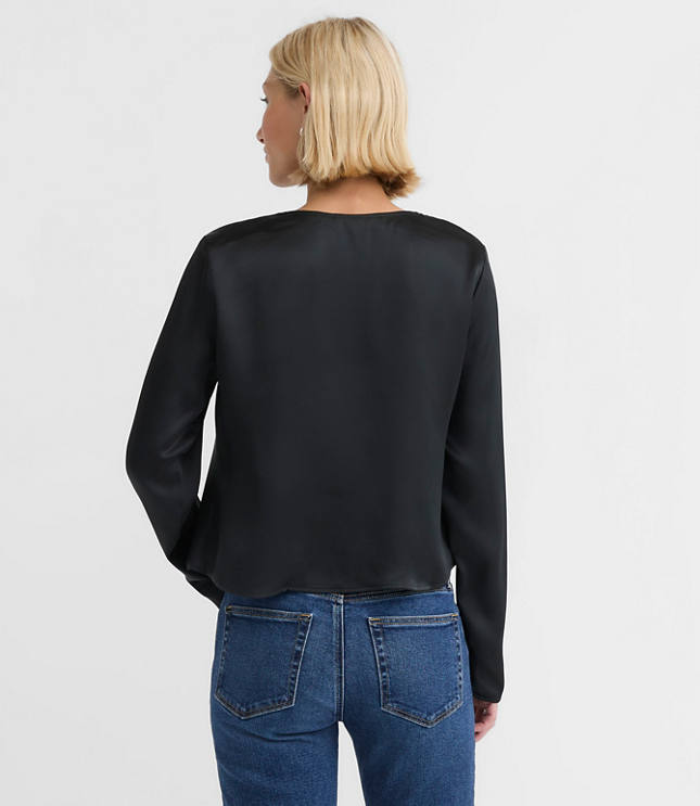 Petite Lace Trim Satin Bow Blouse