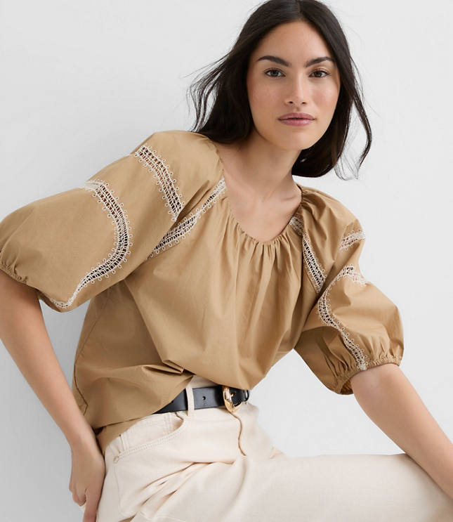 Petite Embroidered Poplin Puff Sleeve Blouse