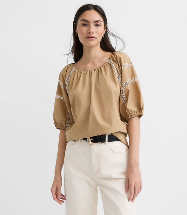 Petite Embroidered Poplin Puff Sleeve Blouse