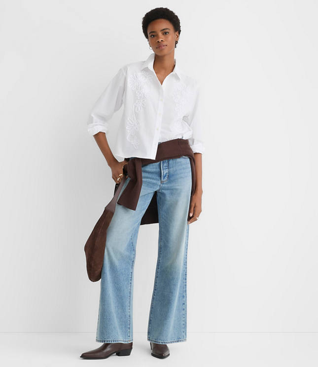 Petite Floral Embroidered Poplin Everyday Abbreviated Shirt