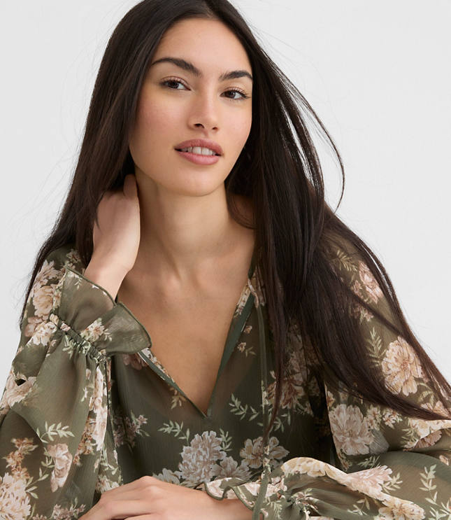 Floral Ruffle Cuff Tie Neck Blouse