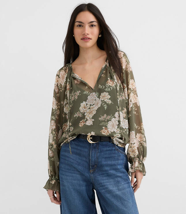 Floral Ruffle Cuff Tie Neck Blouse
