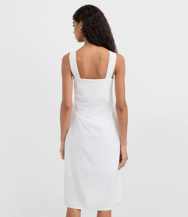 Ruched Linen Cotton Square Neck Midi Dress