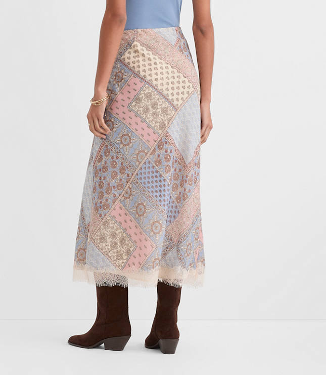 Patchwork Lace Trim Bias Midi Skirt