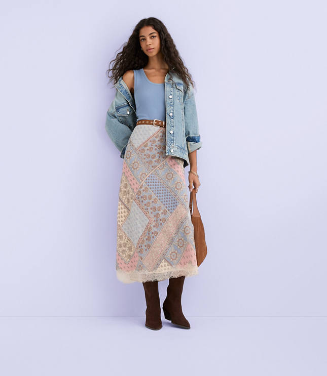 Patchwork Lace Trim Bias Midi Skirt