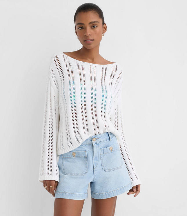 Petite LOFT Beach Striped Open Stitch Boatneck Sweater