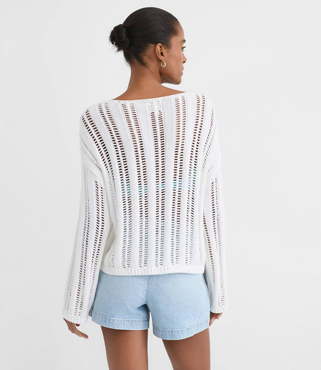 Petite LOFT Beach Striped Open Stitch Boatneck Sweater